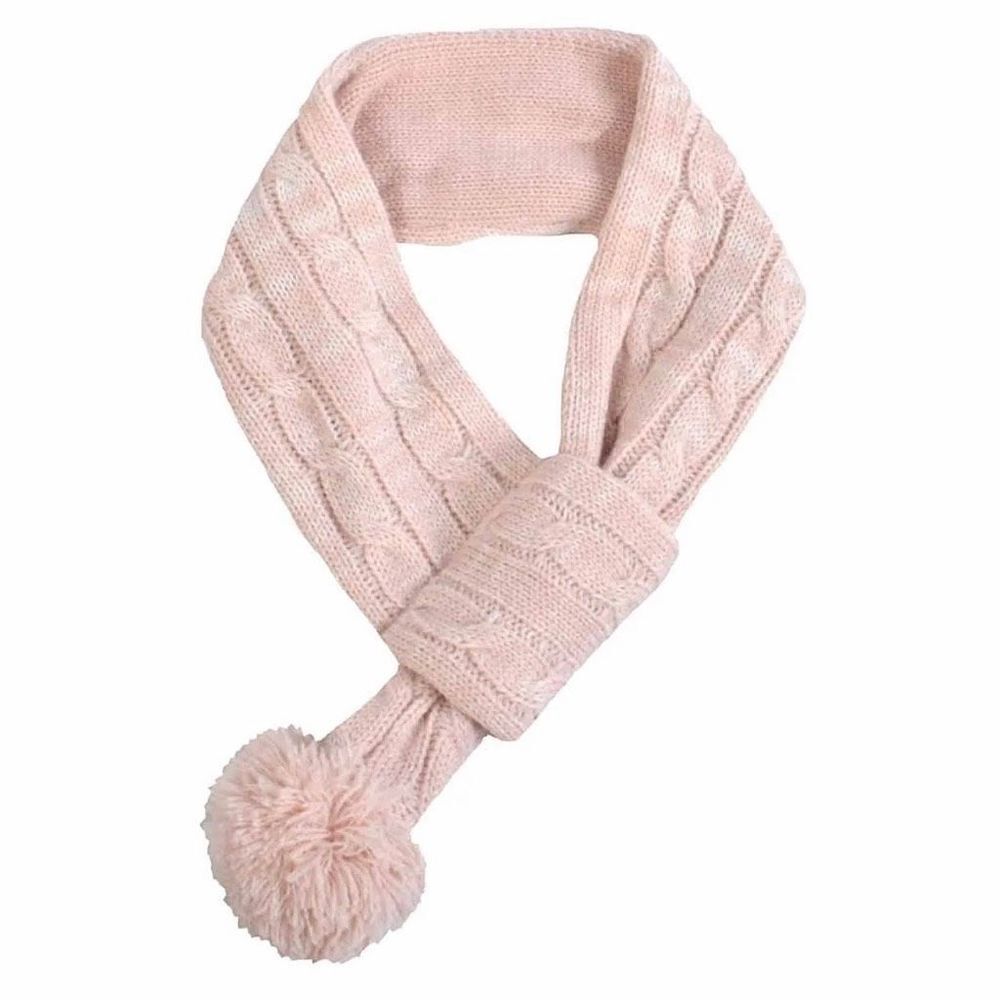 Pink Cable Knit Pull Through Scarf with Pom Pom Detail Soft Winter Neck Warmer